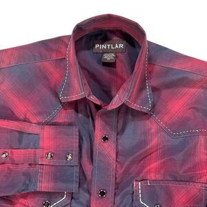 Pintlar Western Plaid Snap Button Shirt‎ Red Navy Contrast Stitching - Medium